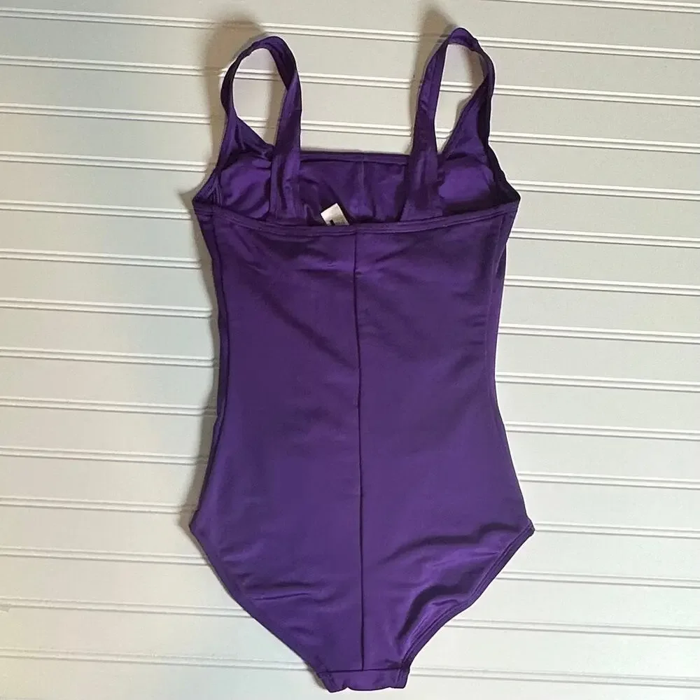 Women Purple One Piece Swimsuit Ruched Front Full Coverage Stretch Size M